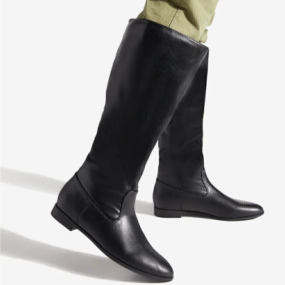 New! Faux Leather Tall Pointed Toe Knee High Black Riding Boots